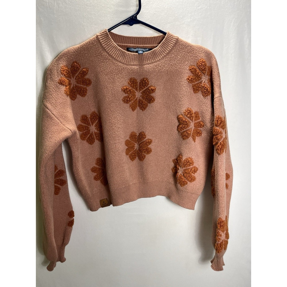 Simply Southern Pink Knit Crop Sweater With Orange 3-D Floral Motif Women's Med